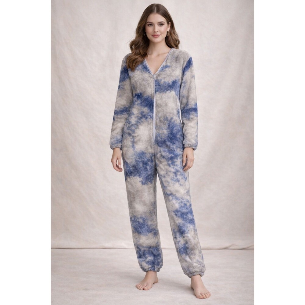 NATURAL LIFE Tie Dye Plush One-Piece Pajama‎ MEDIUM Green & Blue Zip Adult